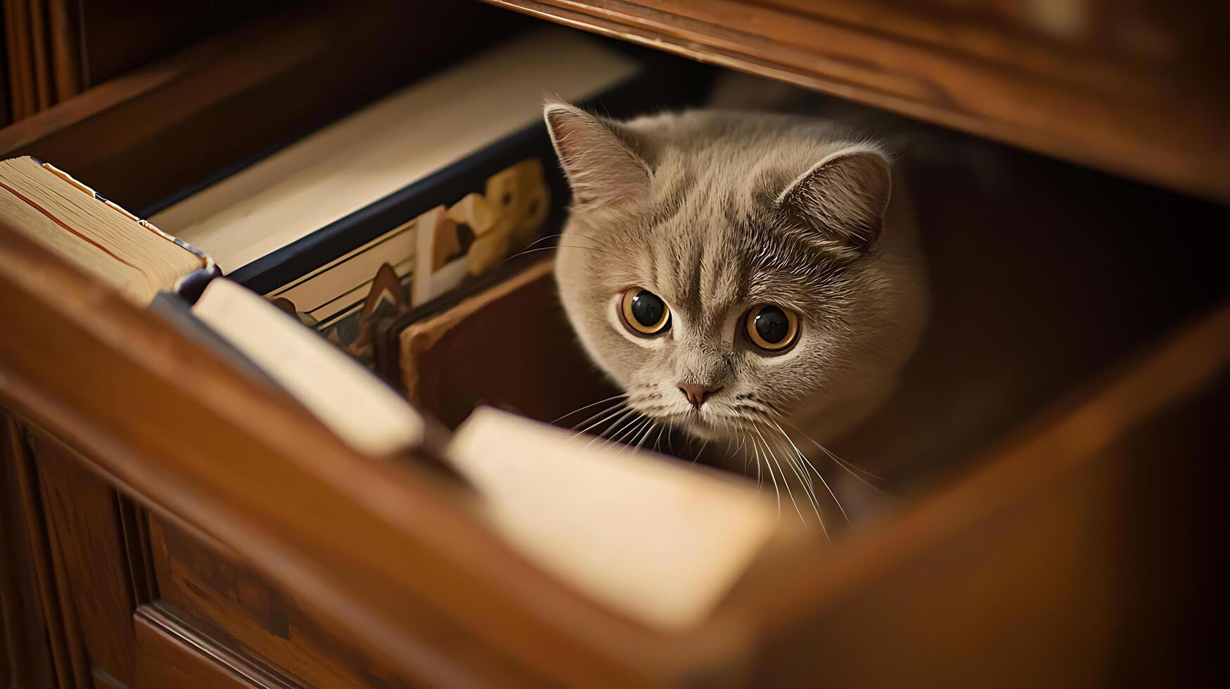 Curious Kitten Peeking from Behind Stacked Old Books. photo