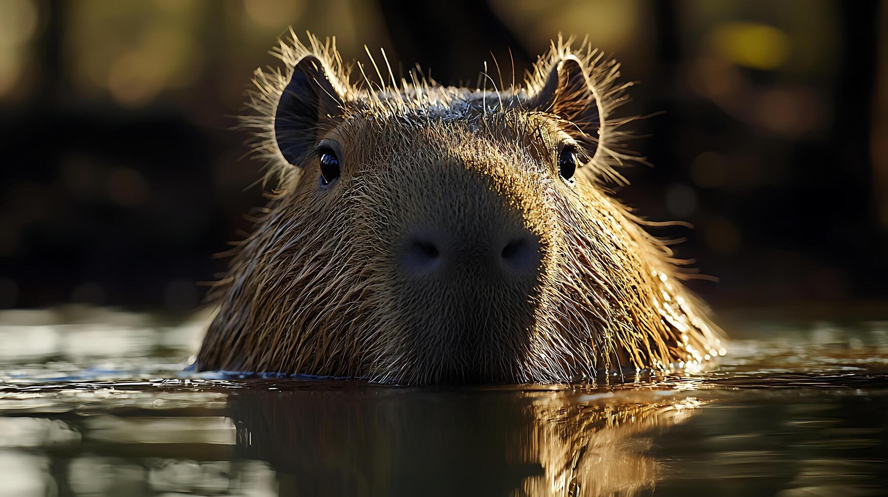 Capybara emerges from water with golden light reflecting on fur. photo