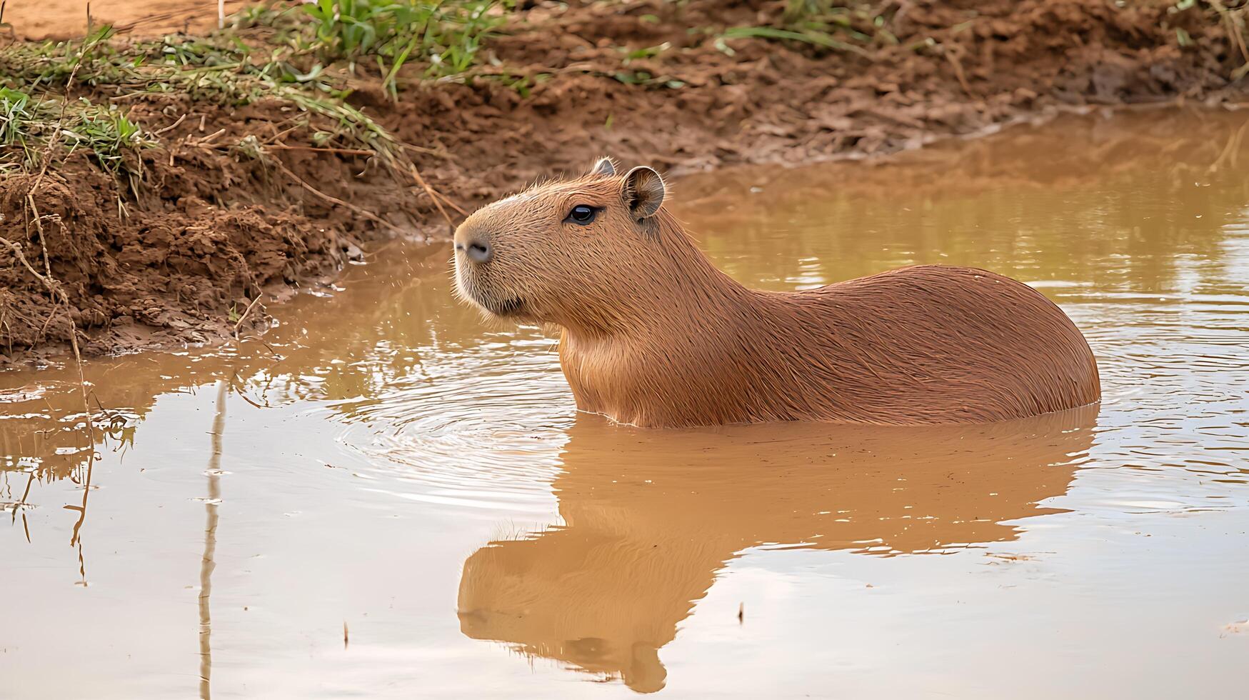 Capybara Takes a Relaxing Dip in Murky Water Surrounded by Nature. photo