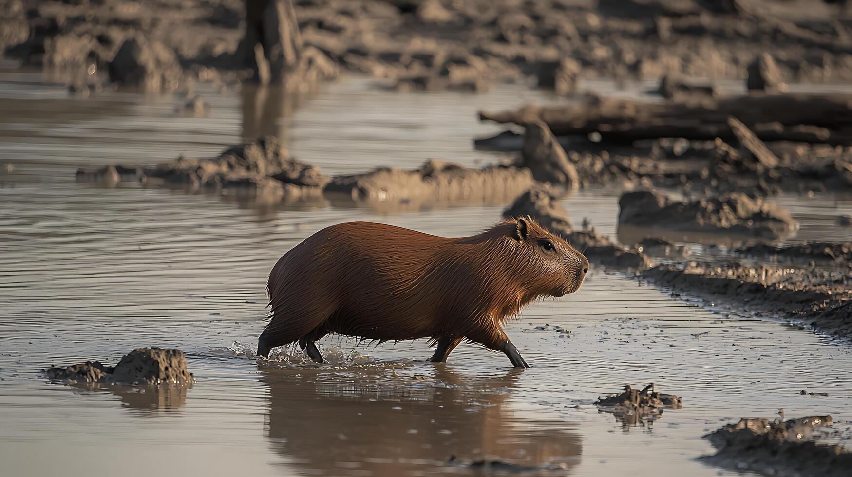 A Capybara Walks Through Shallow Water and Muddy Terrain. photo