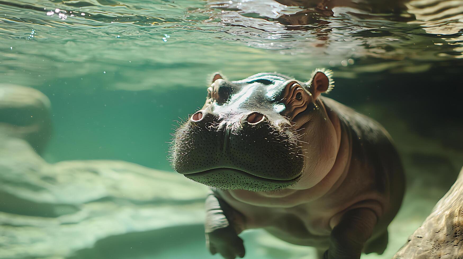 Close Up Underwater Shot of a Young Hippopotamus Swimming Gently. photo