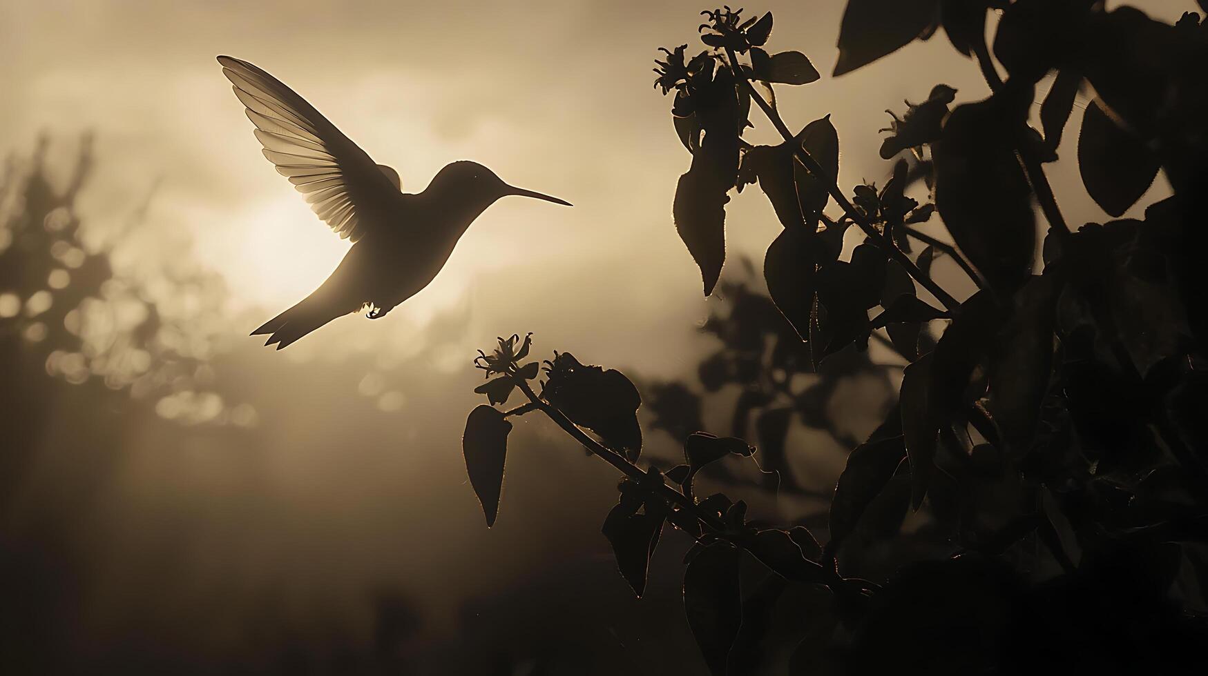 Golden Silhouette of a Hummingbird in Flight Among Flowers. photo
