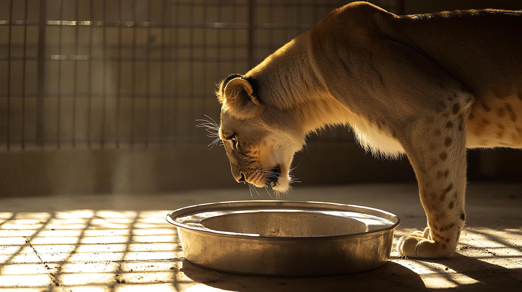 Lioness Drinks Water in Warm Sunlight with Soft Light Rays. photo