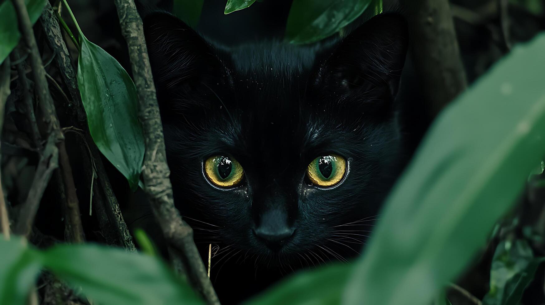 Mysterious Black Cat Peeking Through Lush Green Foliage with Bright Eyes. photo