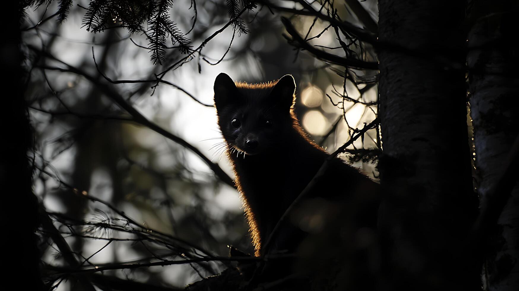 Mysterious Fox Peeking Through Dark Branches at Sunset. photo