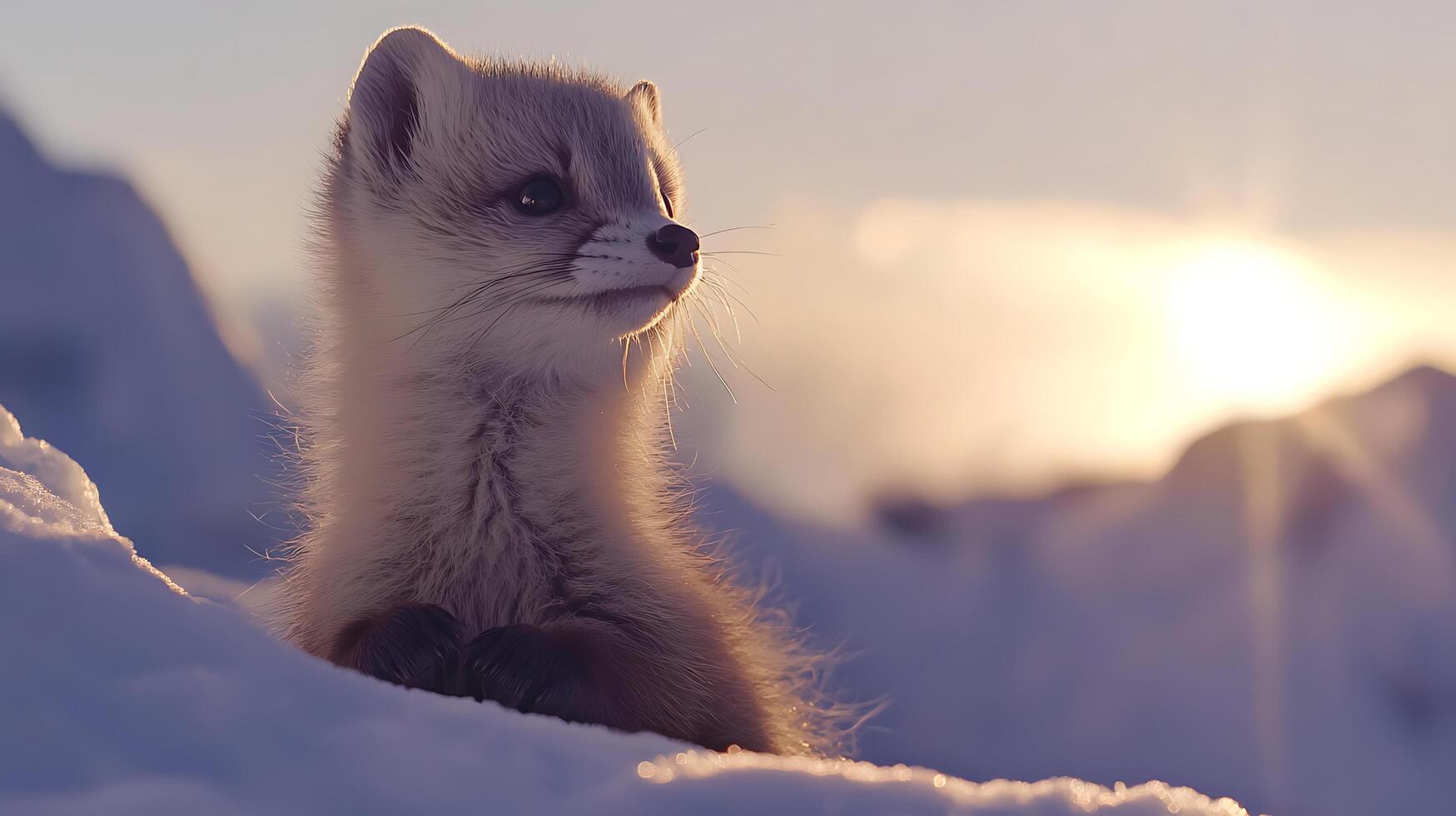 Adorable arctic fox cub peeking through snow at sunrise. photo
