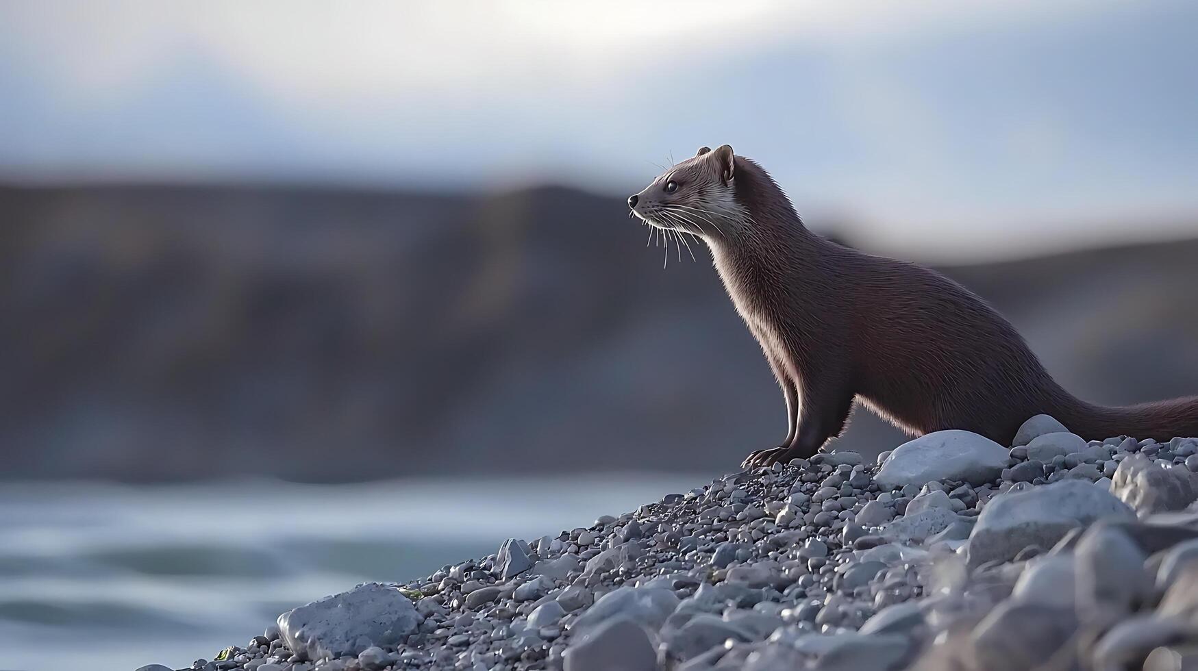 Curious Weasel Explores Rocky Shoreline Under Soft Sky. photo