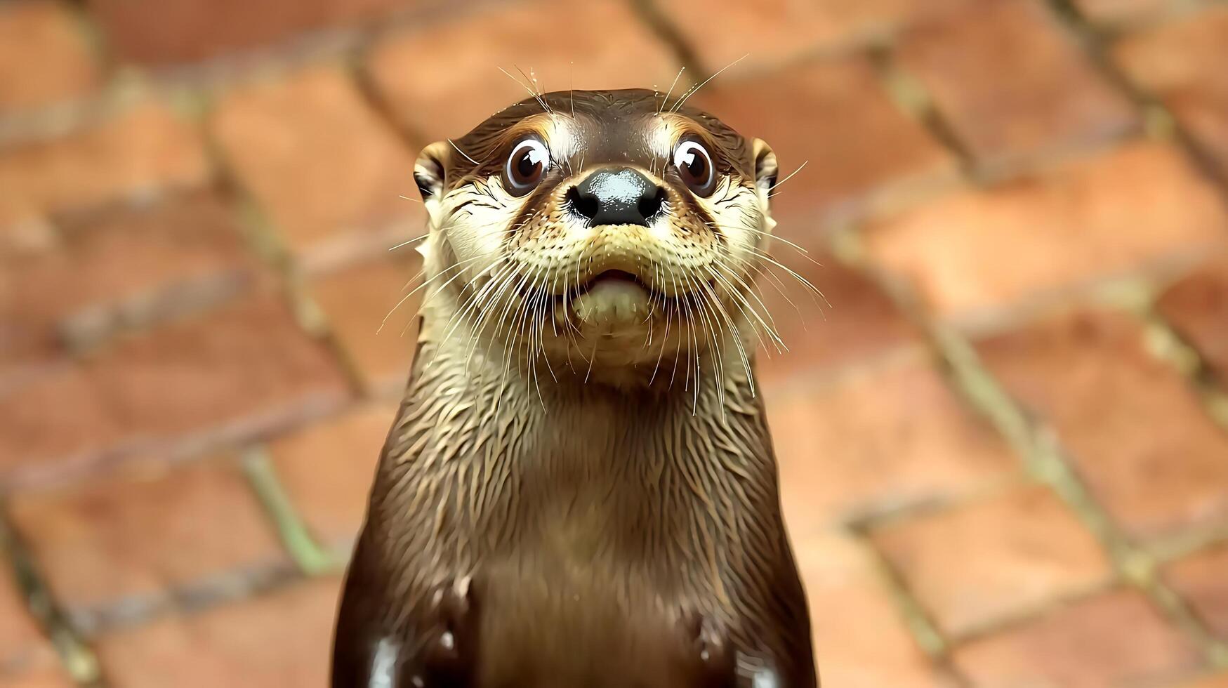 Close up surprised otter face with wide eyes and wet fur. photo