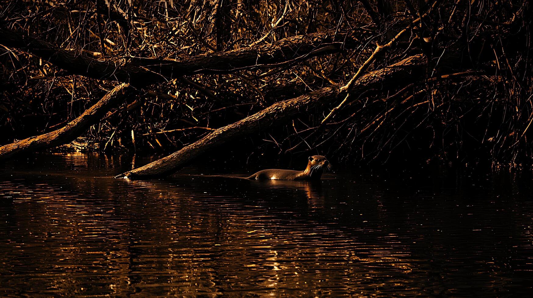 Otter Swims Through Sunlit Waters Amidst Dark Forest Branches. photo