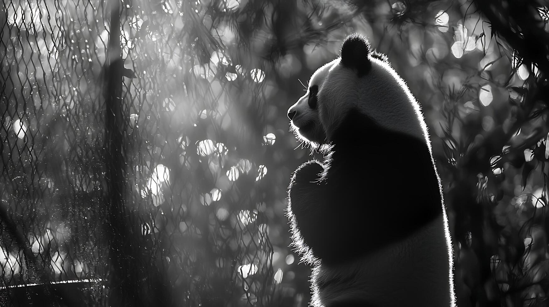 Gentle Giant Panda's Silhouette Captured in Dramatic Backlit Contrast. photo