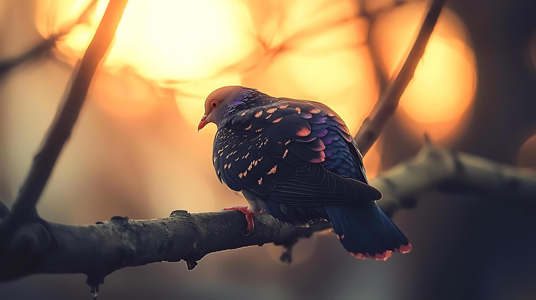 A Pigeon Perched on a Branch at Sunset with Soft Bokeh Lights. photo