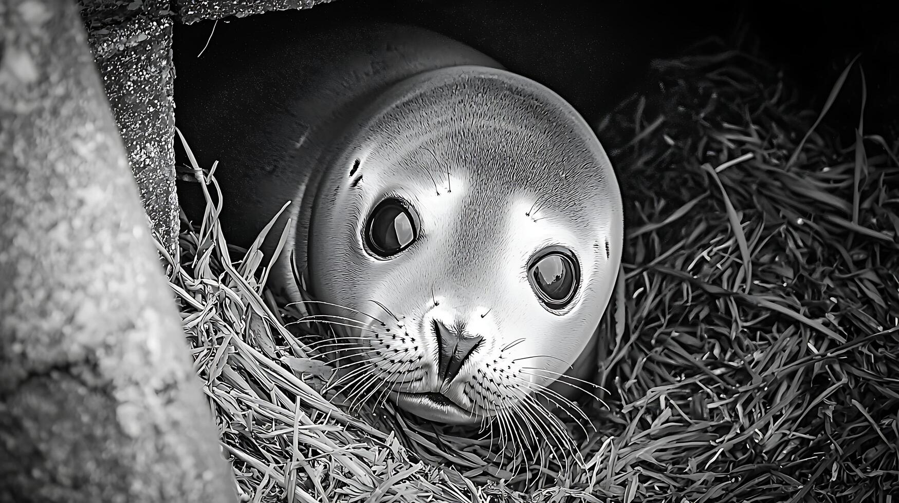 Adorable Baby Seal Peeking Out from Its Nest in Black and White photo