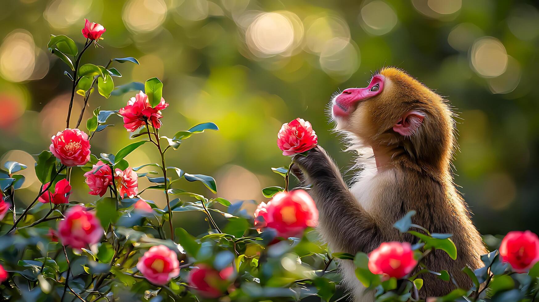 Curious monkey admires a bright red camellia blossom in soft sunlight. photo