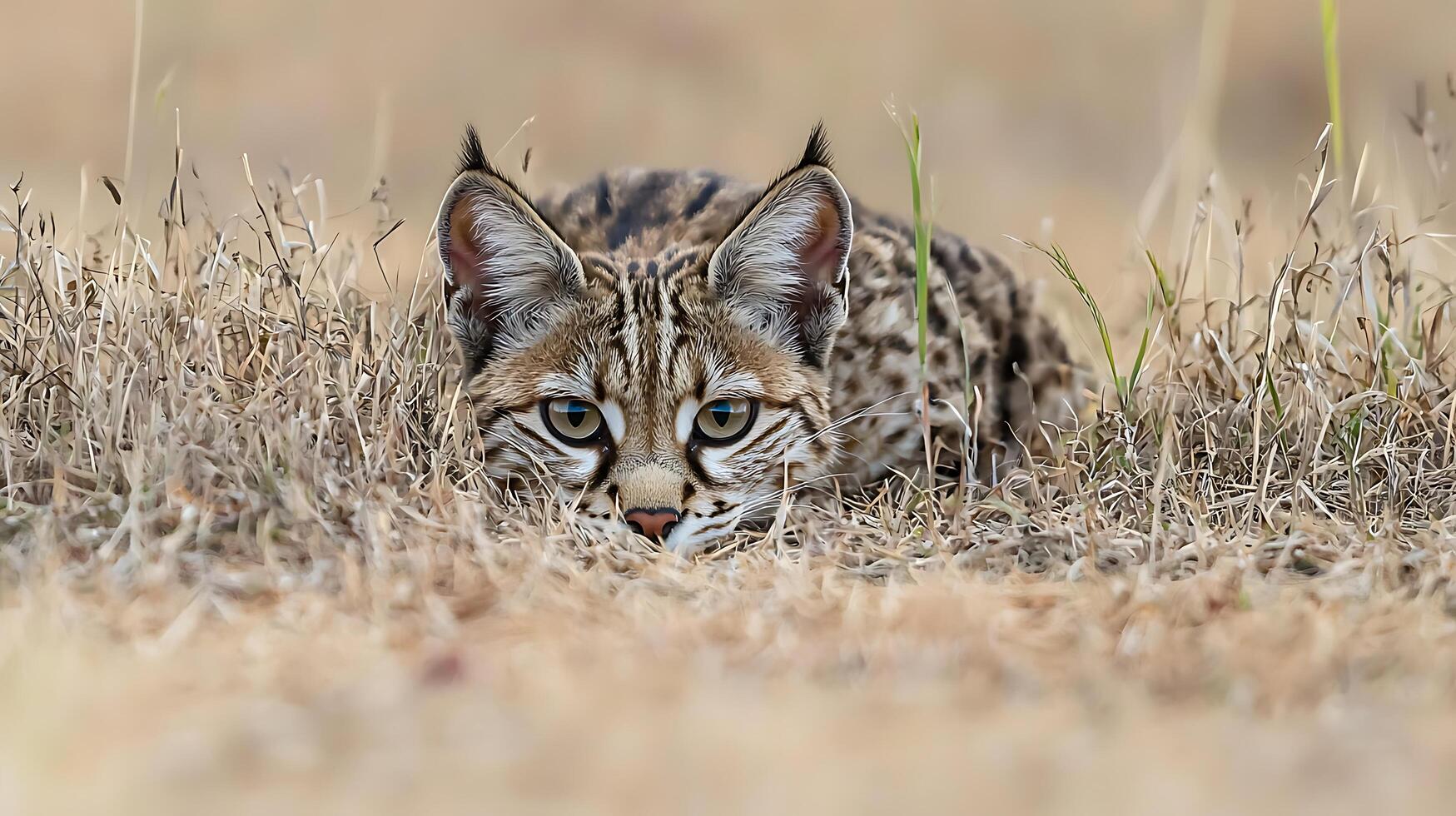 Alert Bobcat Peeking Through Dry Grass in Close Up View. photo