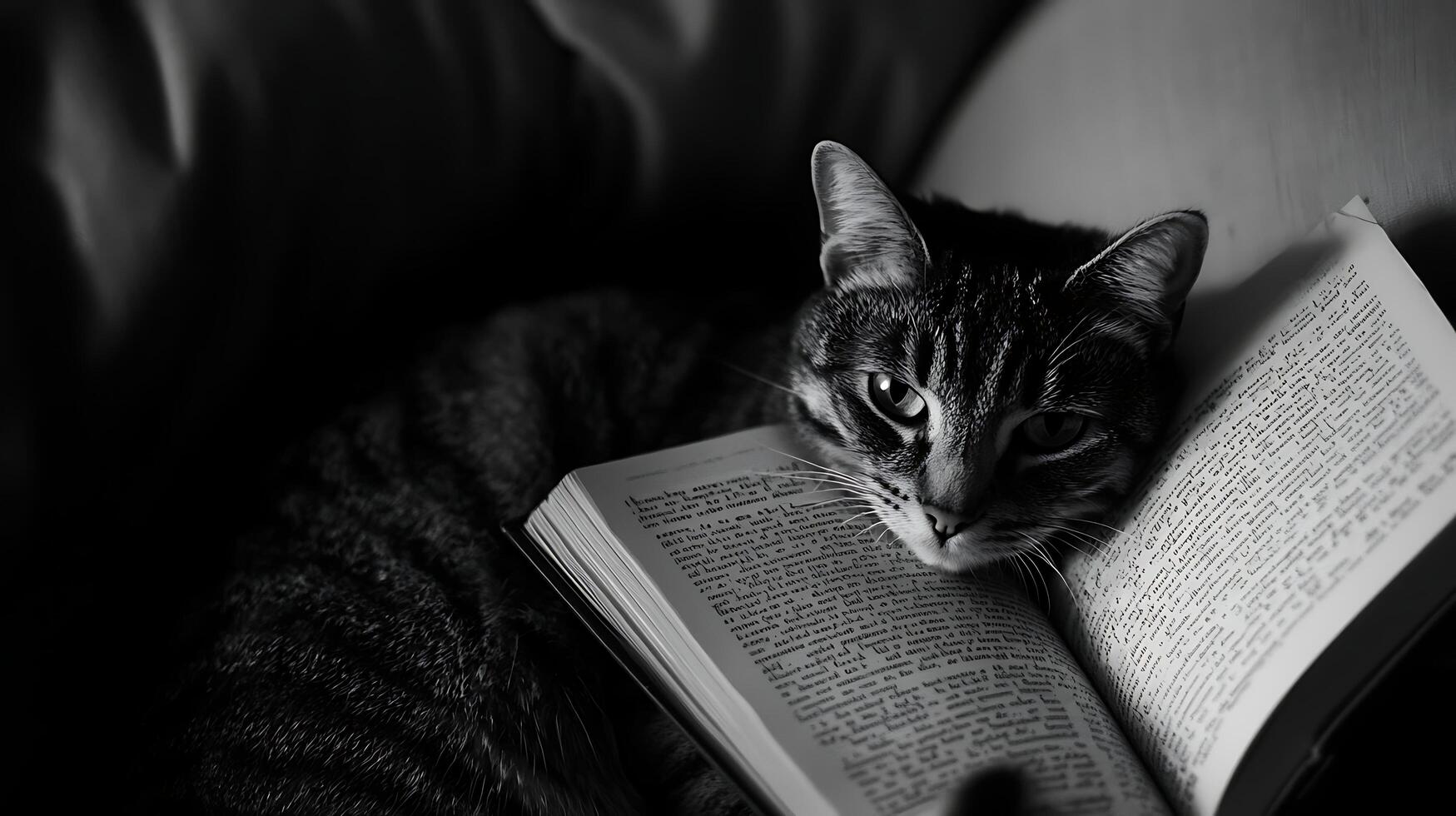 Cat Resting on Open Book with Dramatic Black and White Lighting. photo