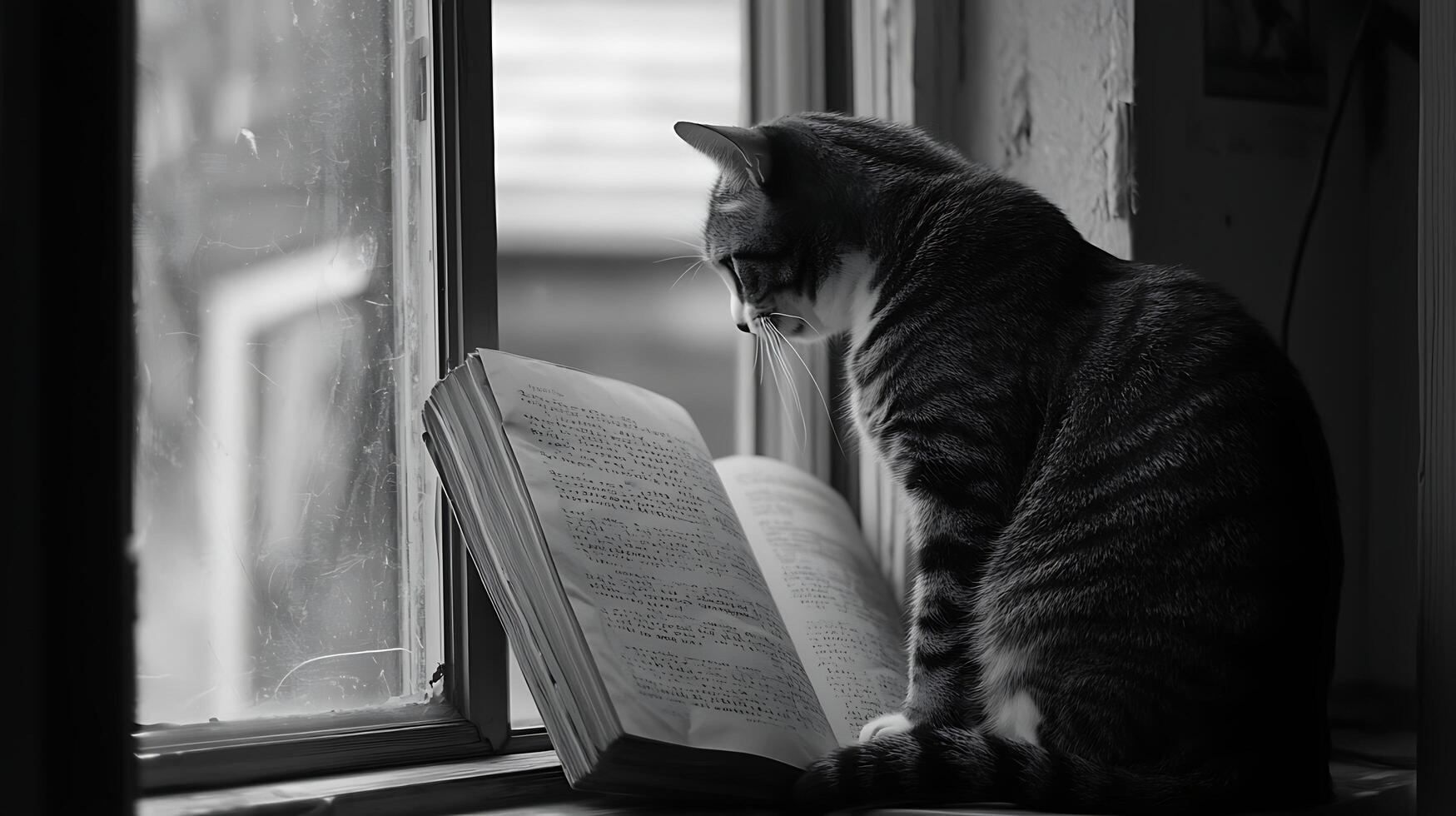 A Feline Scholar Contemplates Life Beside a Dusty Windowpane. photo