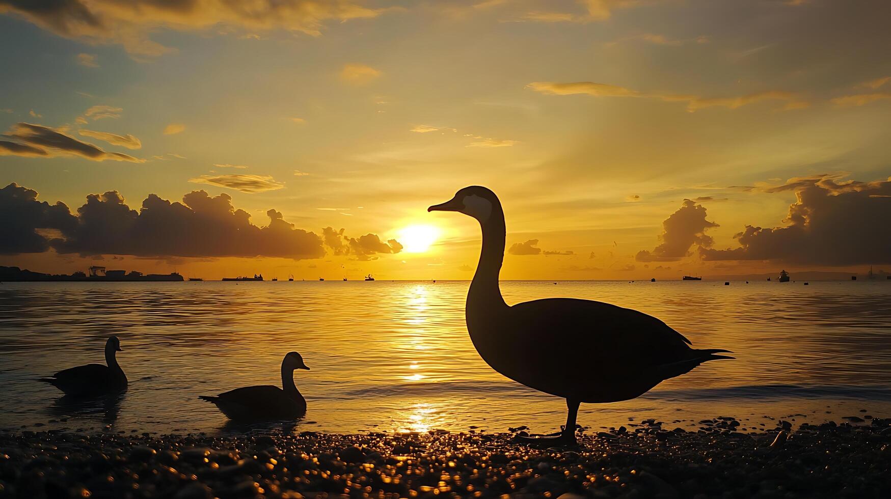 Geese Silhouetted Against a Fiery Sunset Over the Ocean. photo
