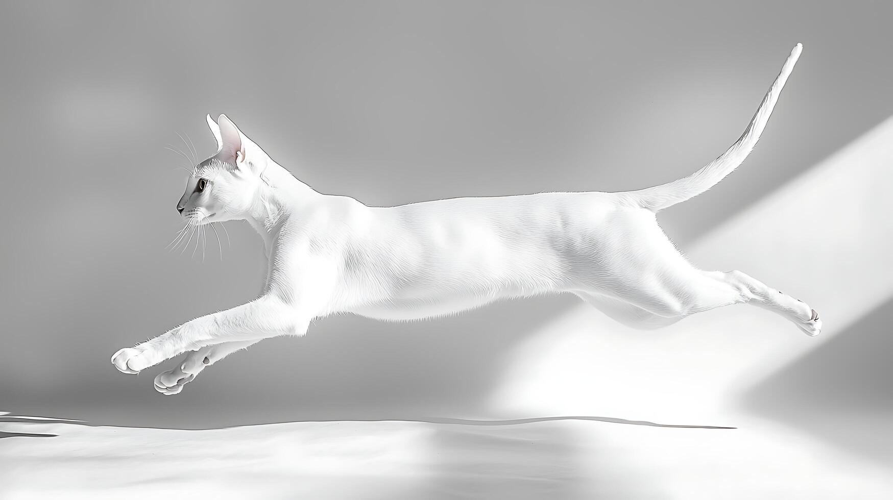 Graceful White Cat in Mid-Air Leap, Dynamic Motion Captured. photo