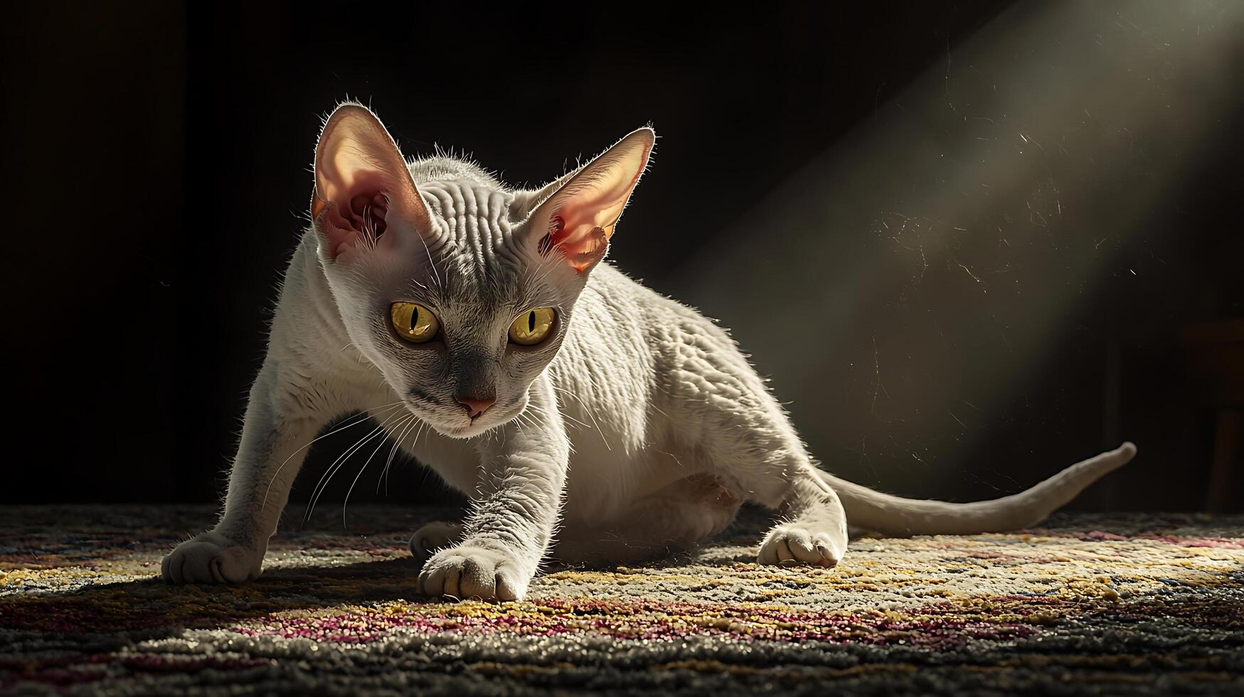 A Curious White Cat with Striking Yellow Eyes in Dramatic Sunlight. photo