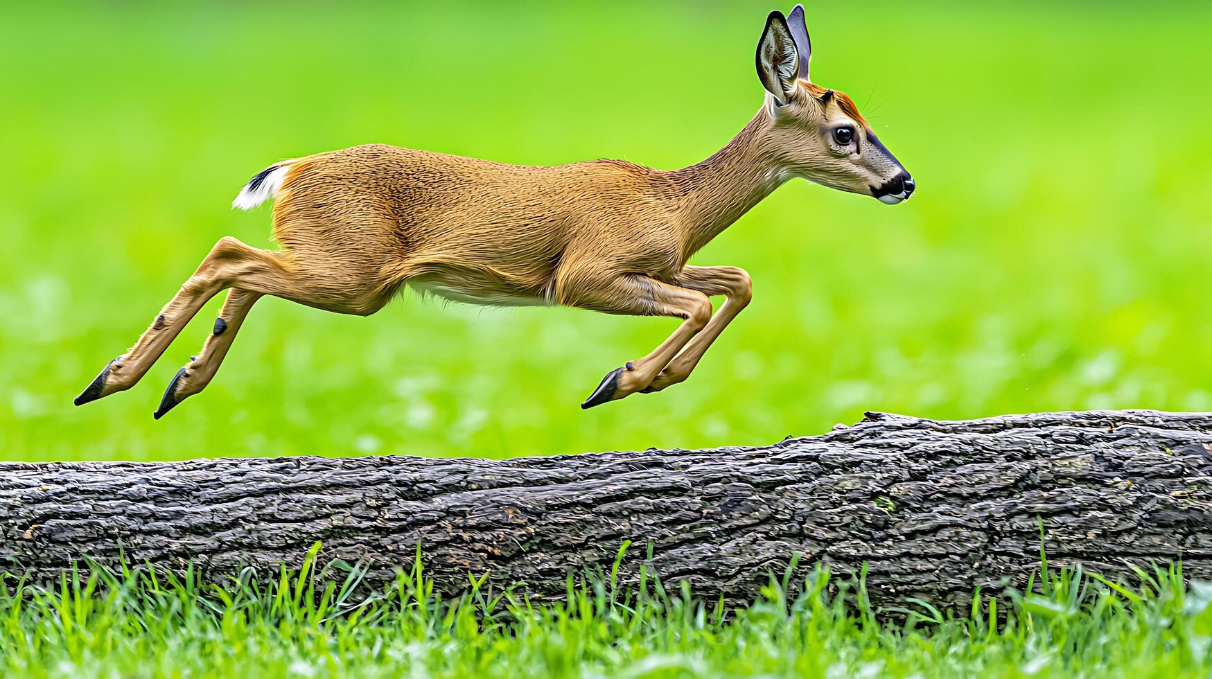 Majestic Deer Leaps Over Fallen Log in Vivid Green Meadow. photo