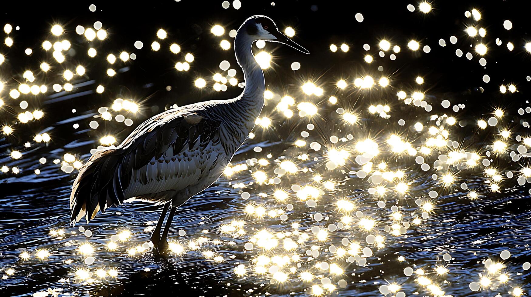 Majestic Crane Stands Among Sparkling Sunlit Waters At Dawn. photo