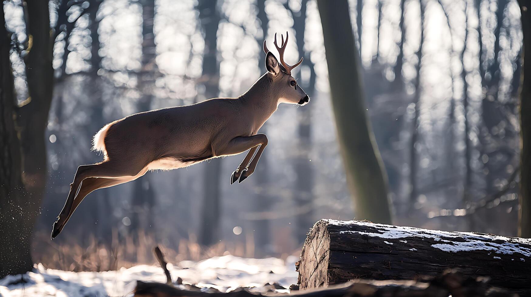 Majestic Deer Leaps Through Snowy Winter Forest with Grace. photo