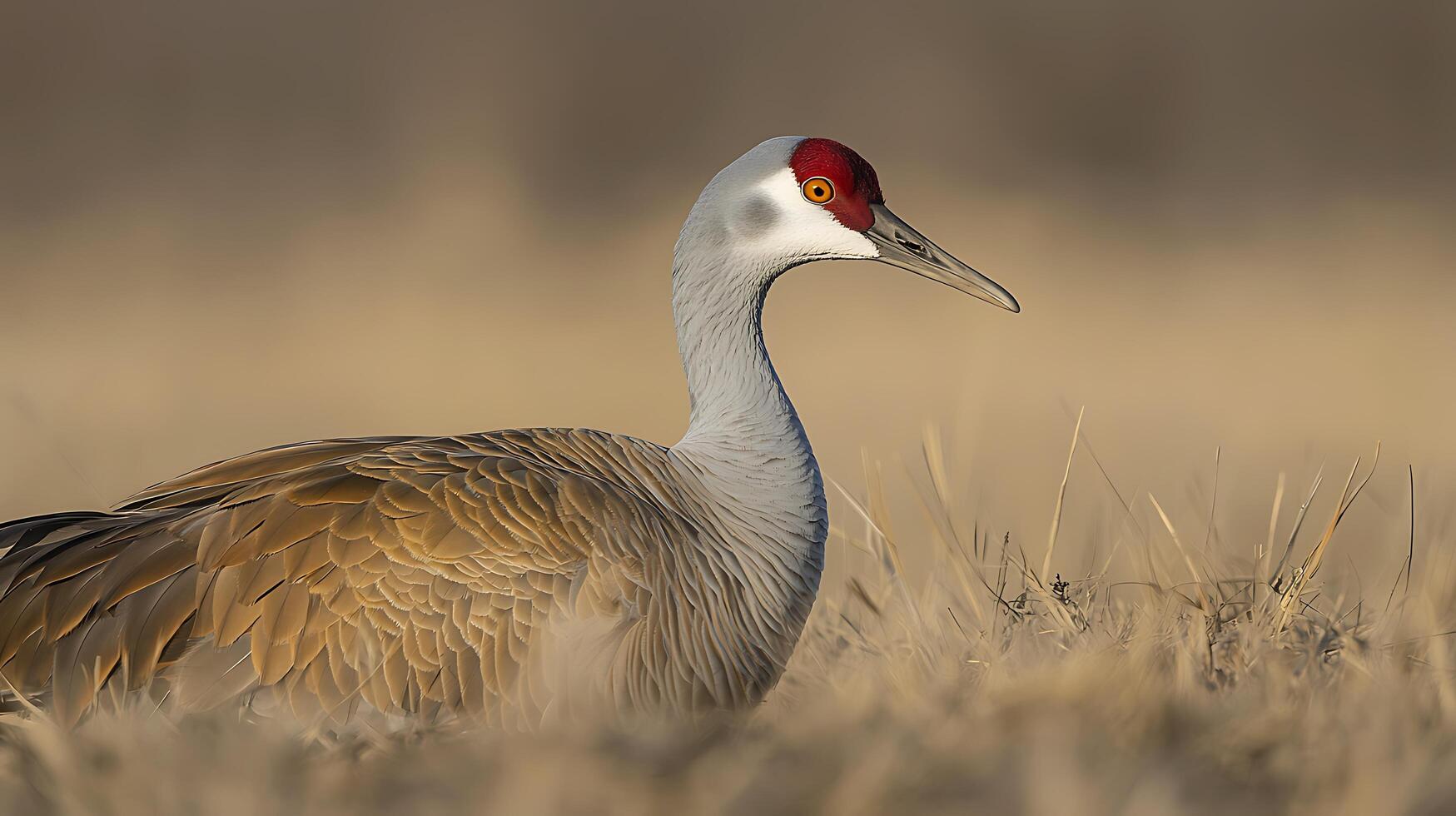 Majestic Sandhill Crane in Golden Prairie Grasslands Awaiting Migration. photo