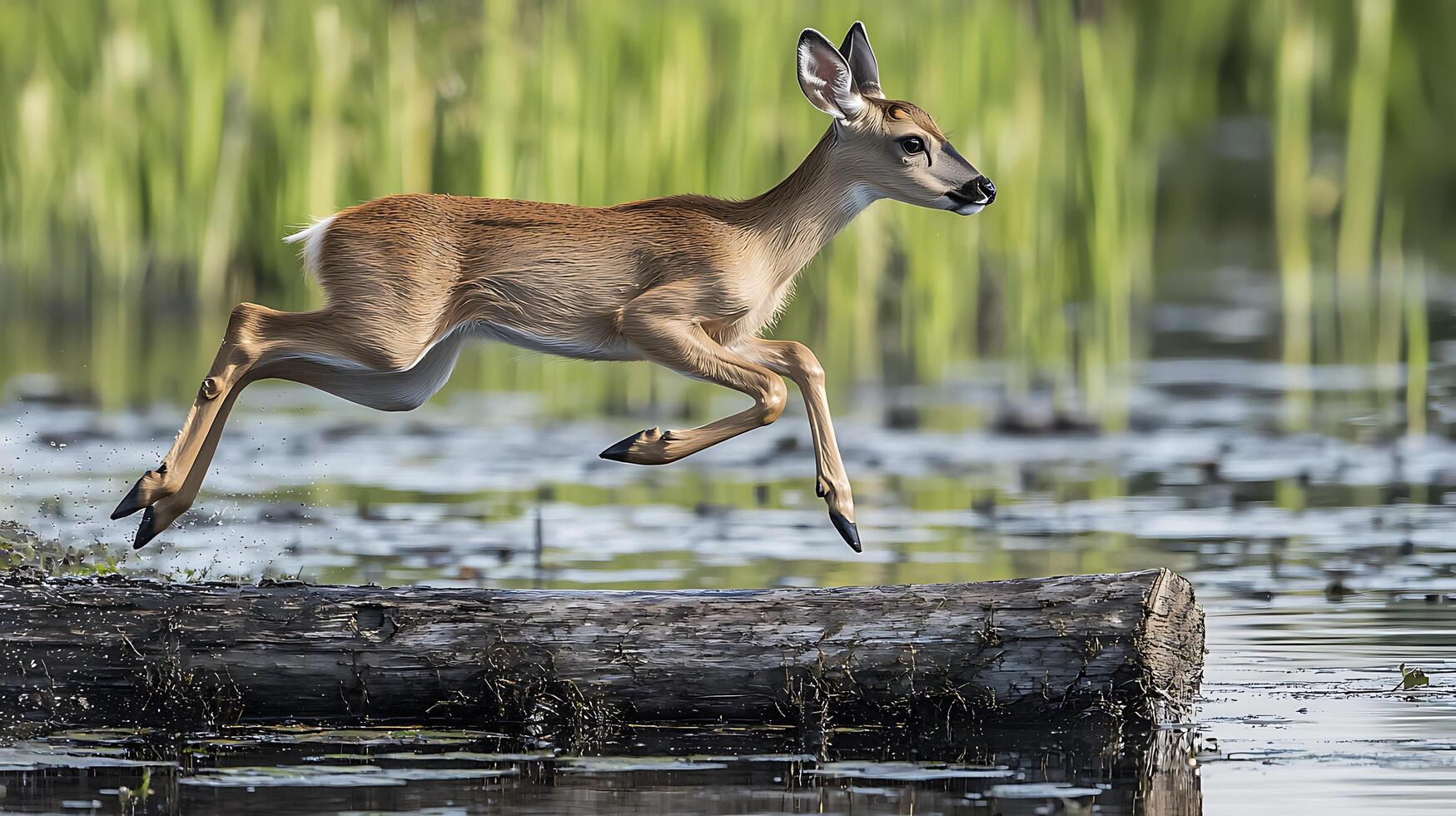 Young Deer Leaps Gracefully Over a Log in a Waterway. photo