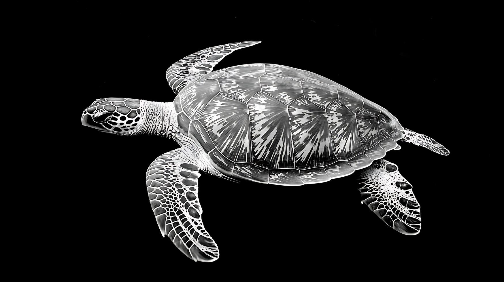 Striking Black and White Sea Turtle Swimming in Deep Ocean Waters. photo