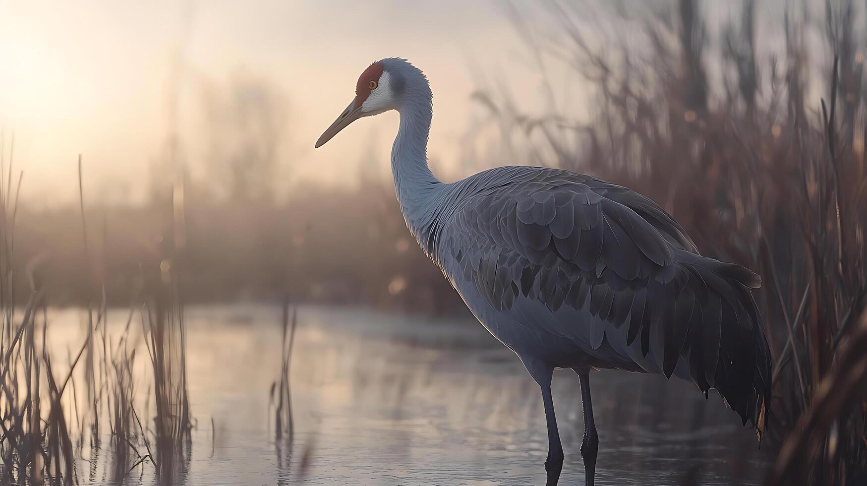 Majestic Sandhill Crane Stands Tall in Golden Morning Light. photo