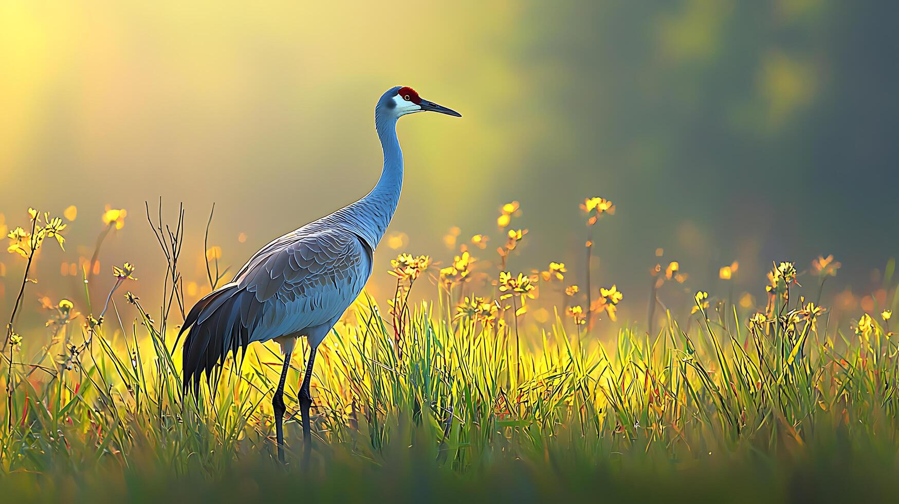 Majestic Crane Stands Tall Amidst Golden Morning Sunlight and Wildflowers. photo