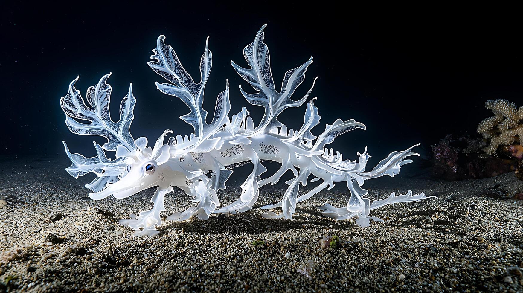 Ethereal White Leafy Sea Dragon Undulating in Dark Ocean Depths. photo