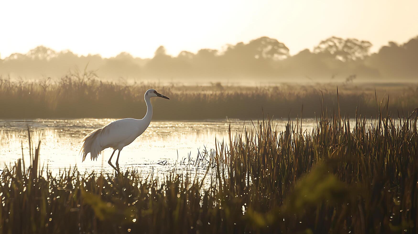 Elegant Crane Stands Gracefully in Misty Morning Wetlands. photo