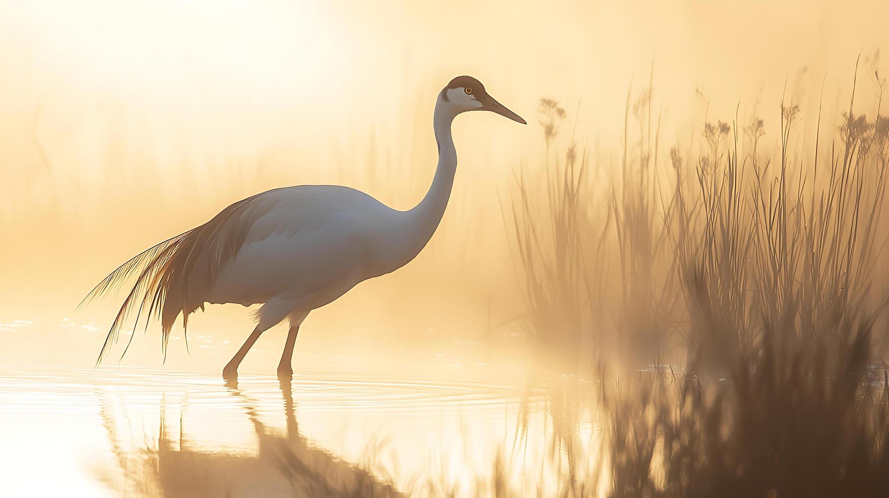 Majestic Crane Stands Serene in Golden Morning Mist and Reeds. photo