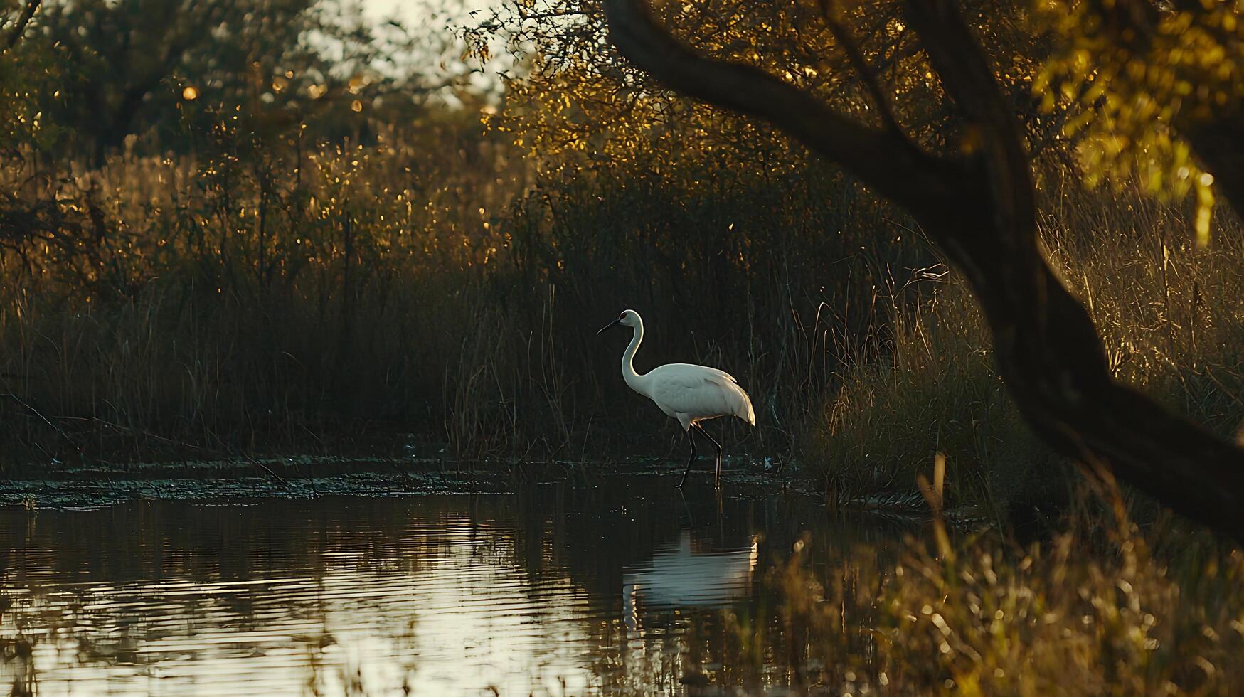 Elegant White Heron Stands in Golden Marsh at Sunset. photo