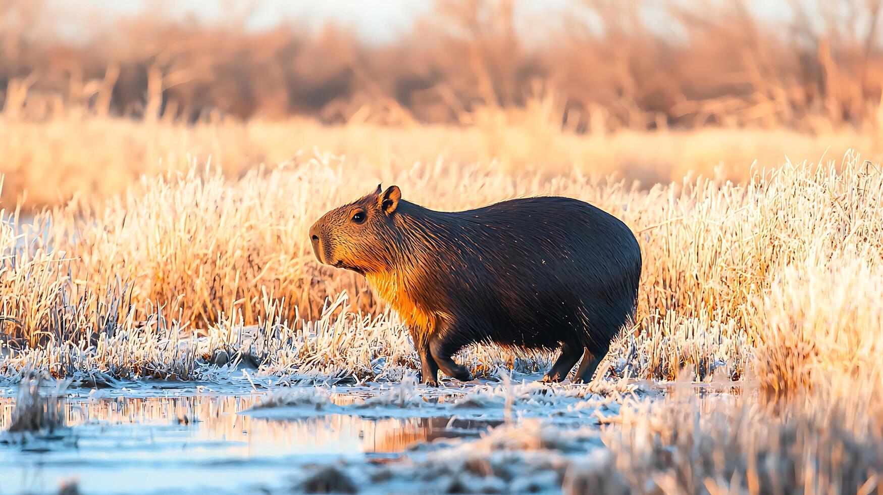 Capybara walks through frosty golden reeds at sunrise. photo