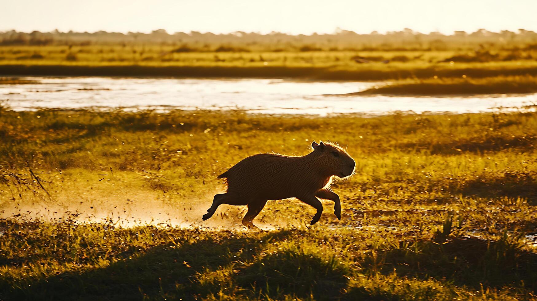 Capybara Running Through Grassy Field at Golden Hour. photo
