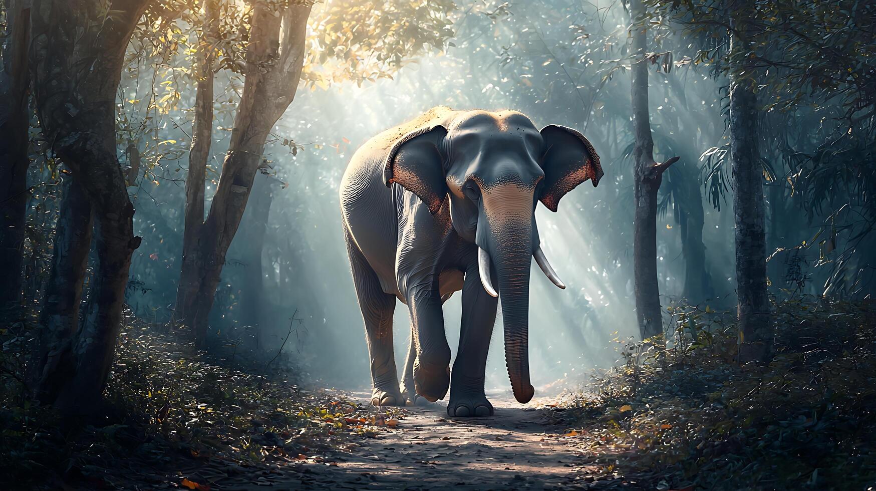 Majestic Elephant Walks Through Sunlit Forest Path, Peaceful Nature Scene photo