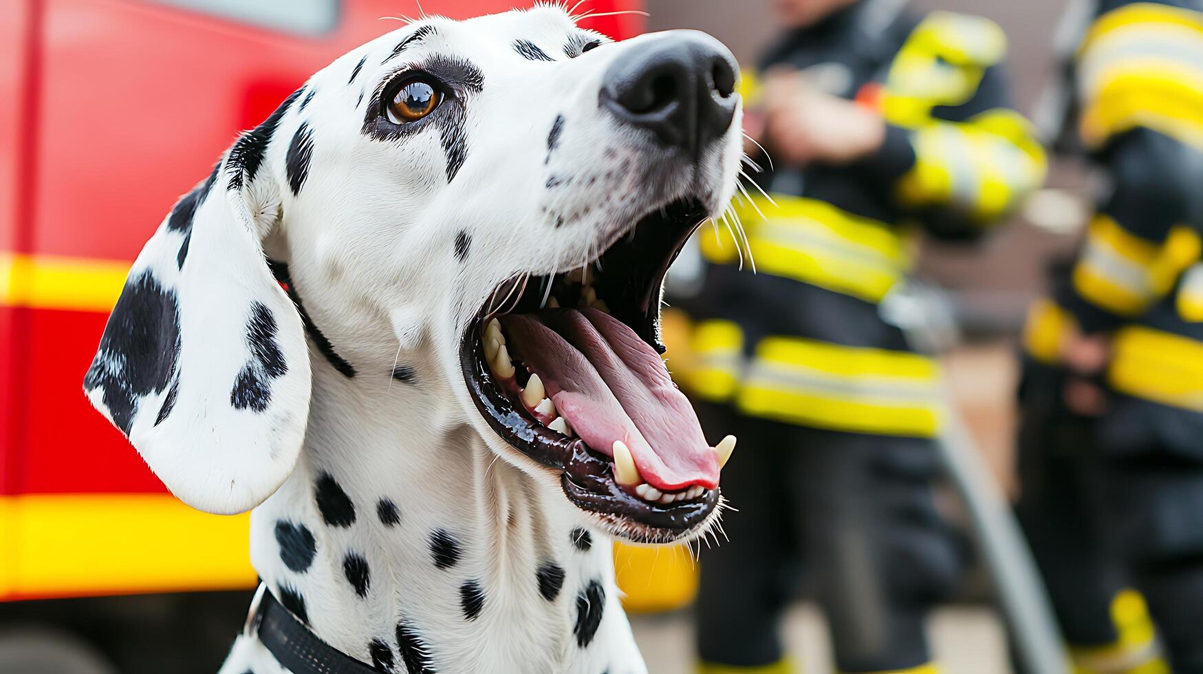 Happy Dalmatian dog with firefighters on a red fire truck. photo