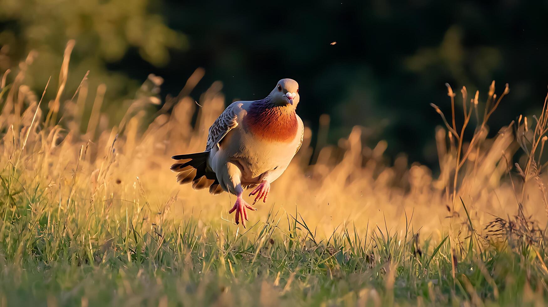 Pigeon Takes Flight in Warm Golden Hour Meadow Sunlight. photo