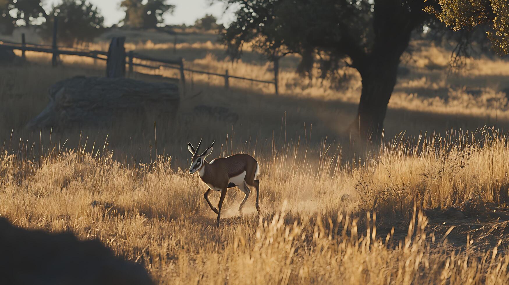 Antelope runs through golden savanna grass at sunrise. photo