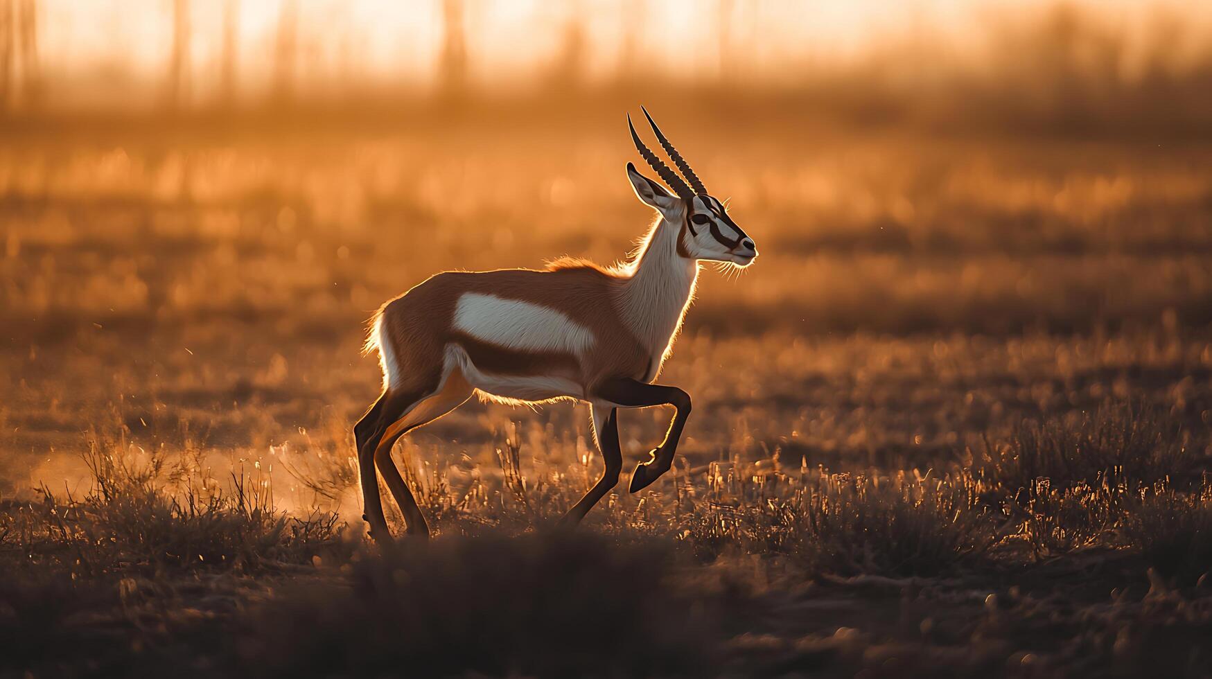 Majestic Gazelle Running Through Golden Field at Sunrise. photo