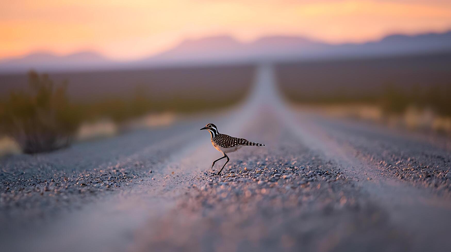 Solitary Bird Walks Down a Desert Road at Sunset. photo