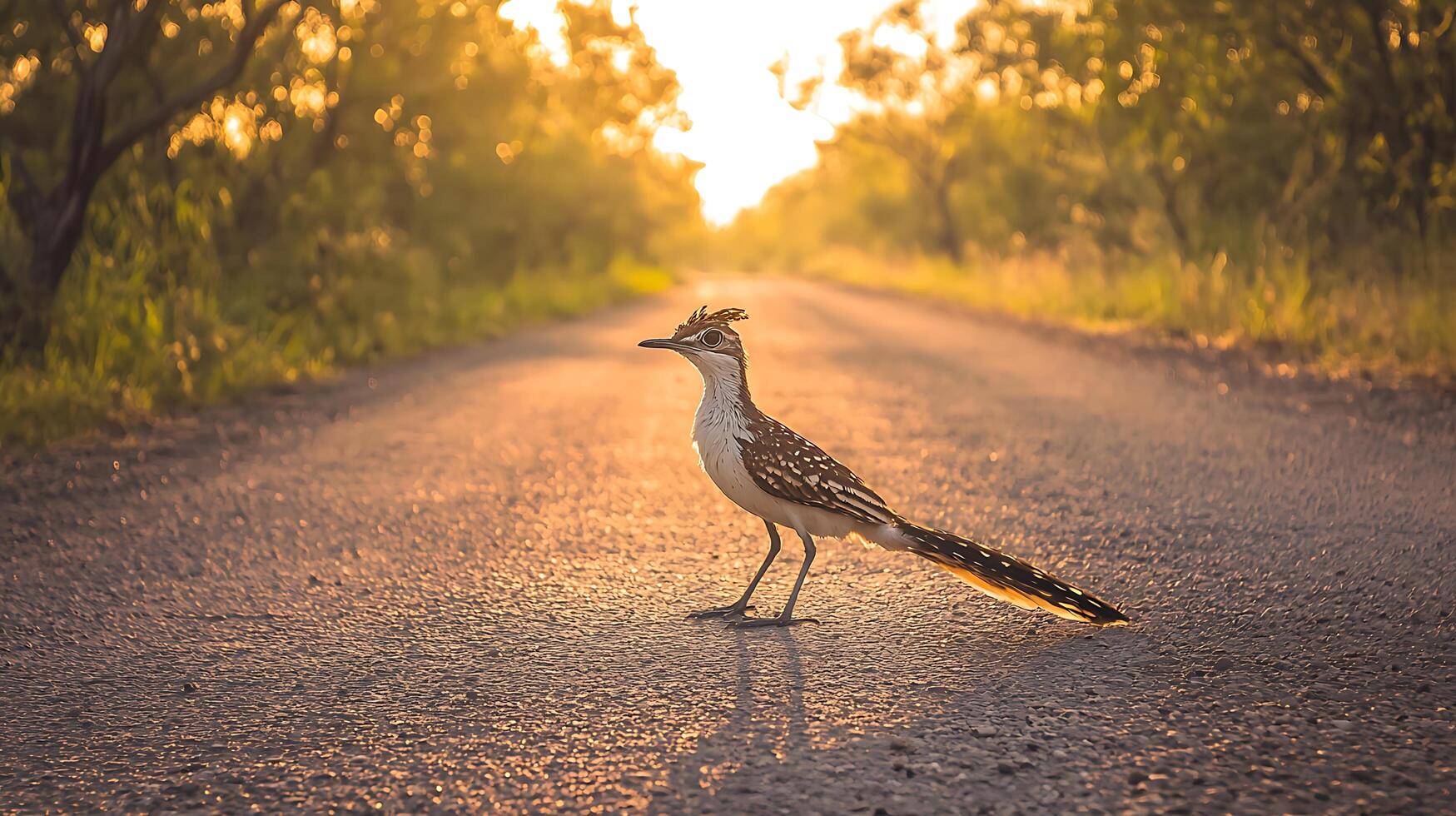 Roadrunner Standing on a Sunlit Desert Road at Golden Hour. photo