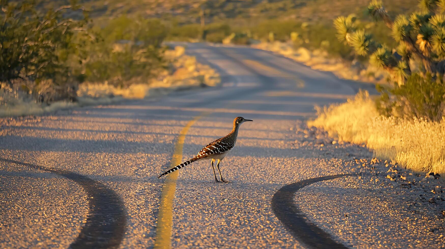 Desert roadrunner waits for sunset on a dusty desert highway. photo