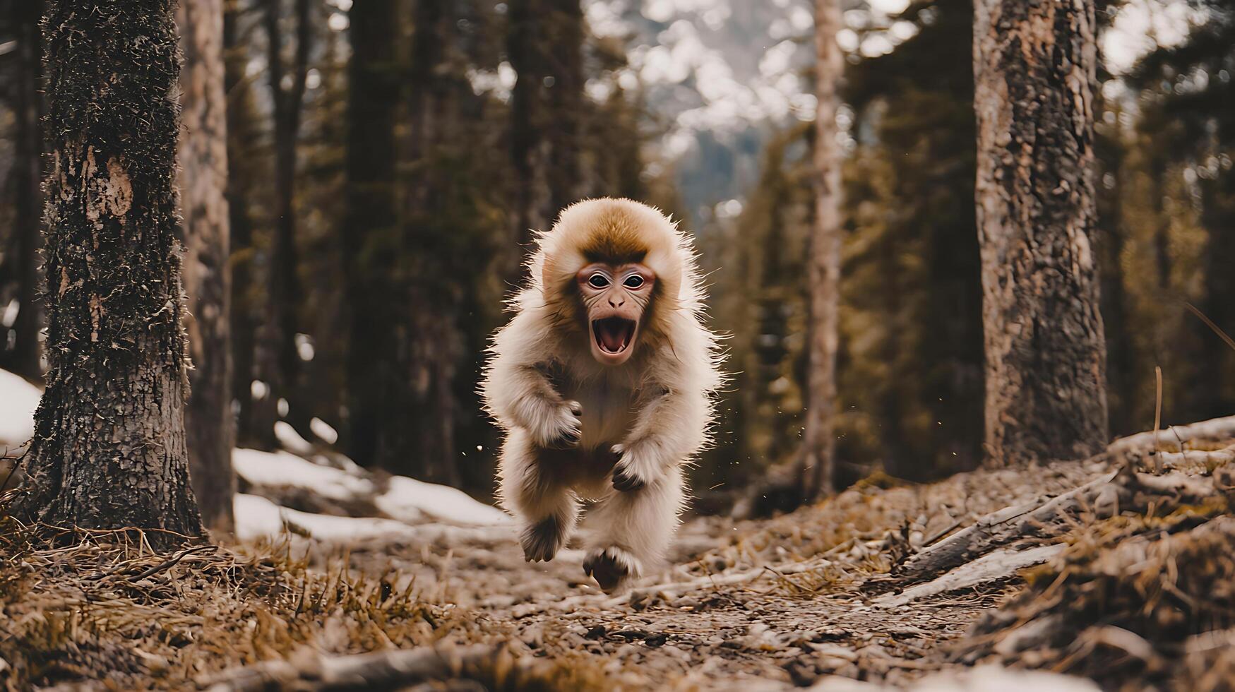 Energetic baby monkey running through a snowy forest. photo
