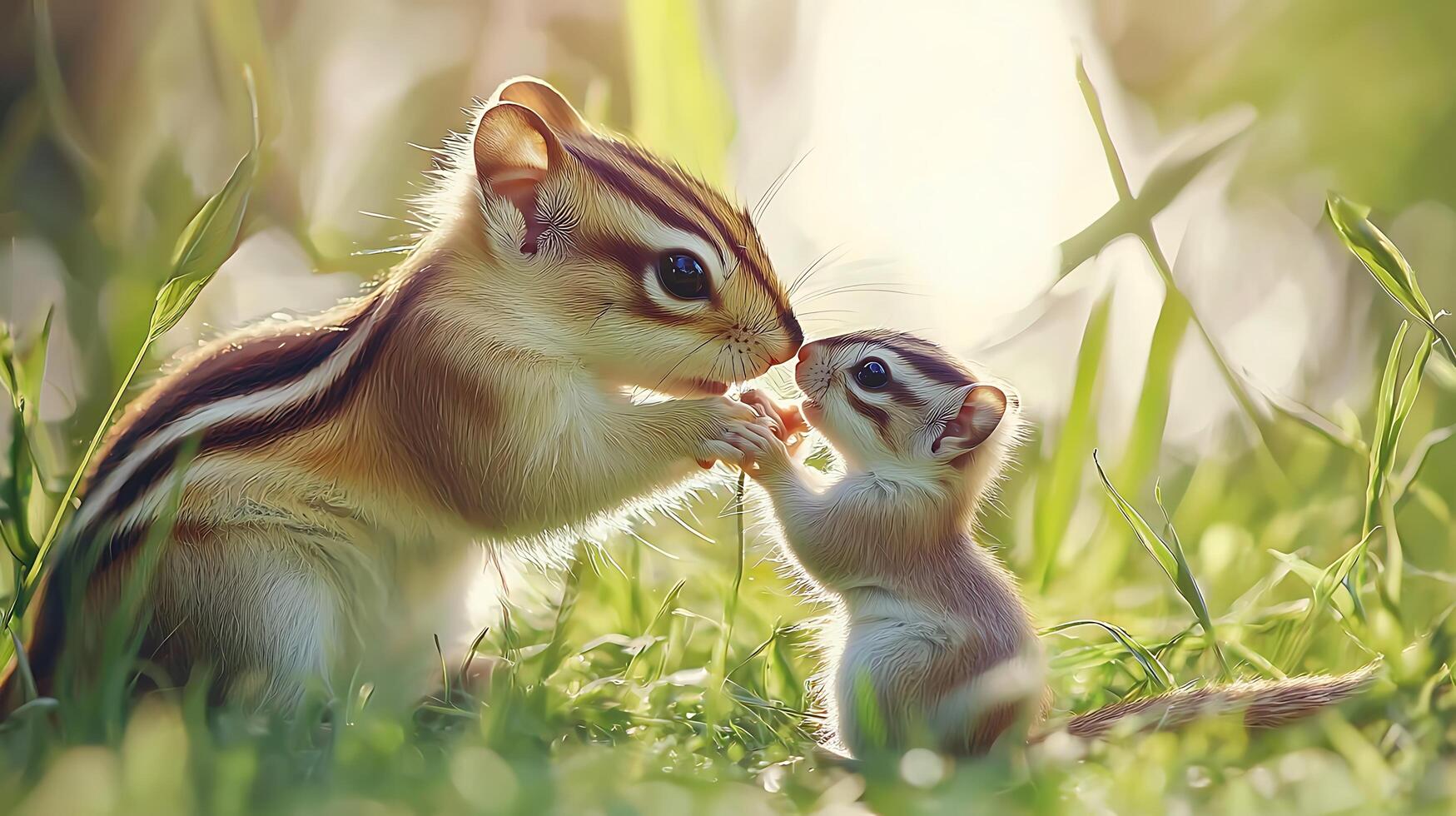 A Gentle Moment Between Two Adorable Chipmunks in Soft Sunlight. photo