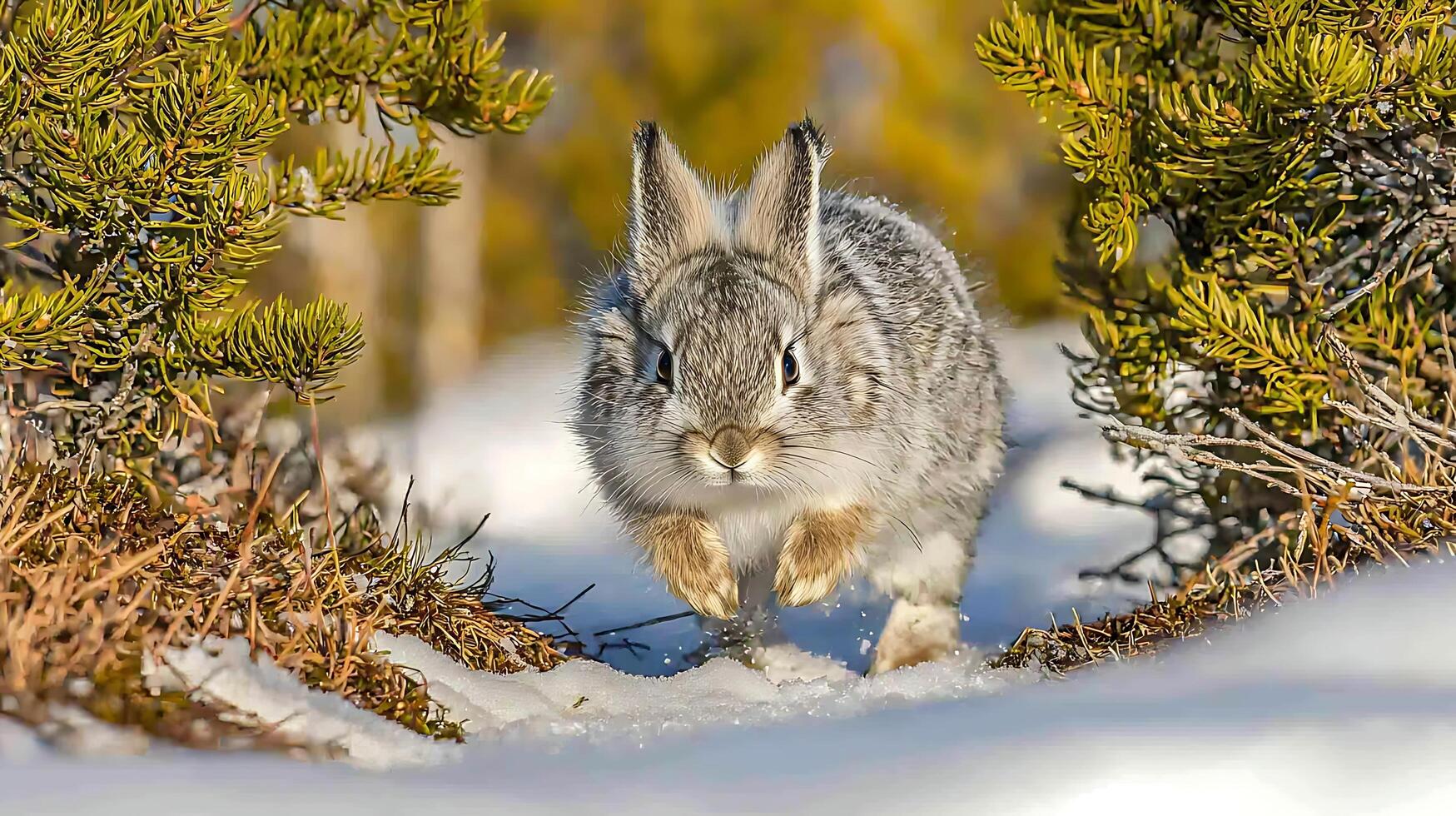 Wild Hare Leaps Through Snowy Forest Thicket with Golden Light. photo