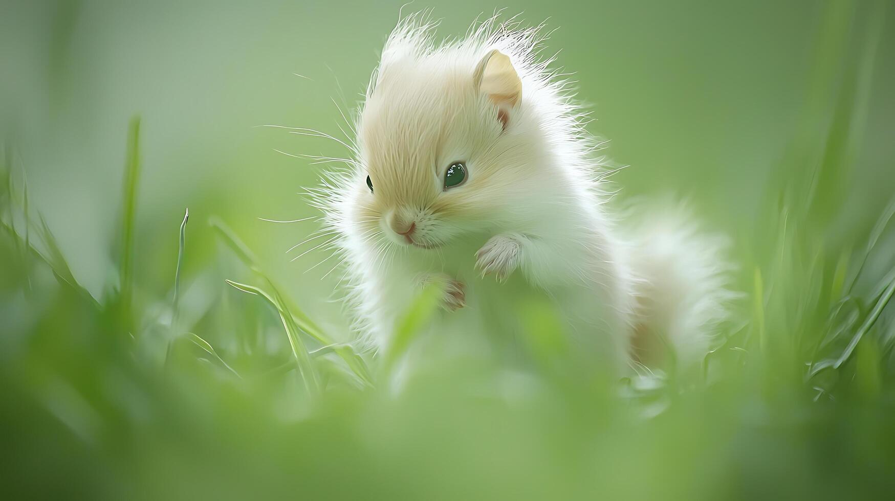Adorable Baby Squirrel Peeking Through Green Grass with Soft Focus. photo