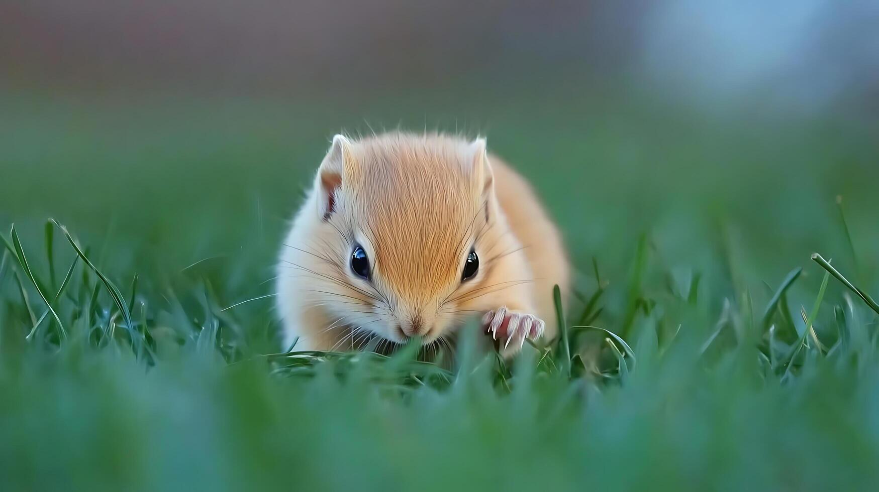 Tiny chipmunk peeking through lush green grass on a sunny day. photo